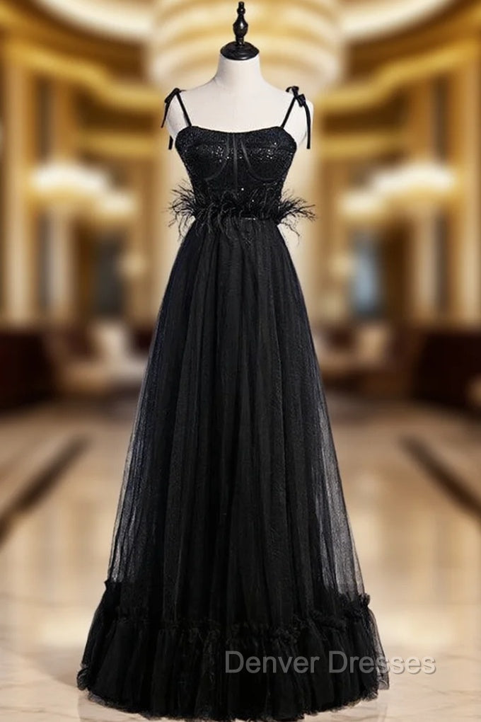 Black Tulle Spagehtti Straps Sequins Feather Prom Dress