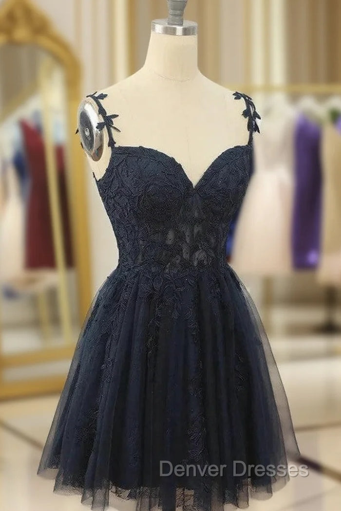 Black Tulle Spaghetti Straps Appliques Homecoming Dress