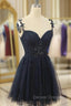 Black Tulle Spaghetti Straps Appliques Homecoming Dress