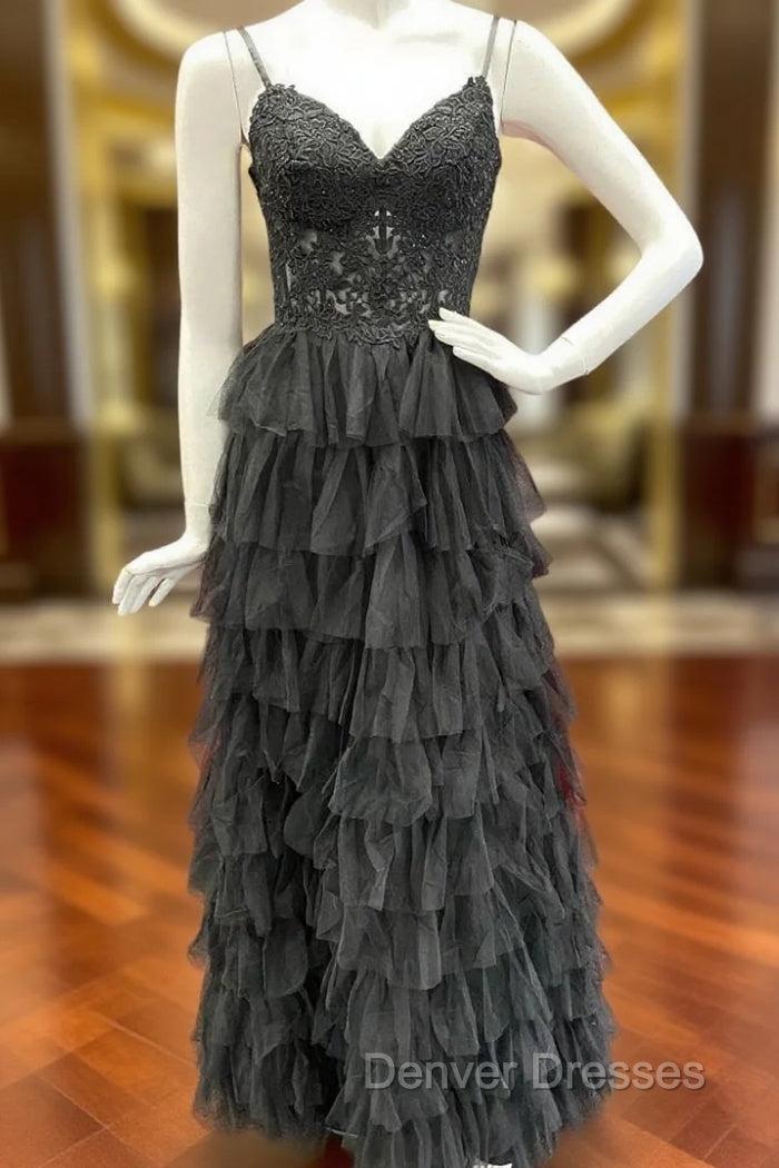 Black Tulle Spaghetti Straps Appliques Prom Dress