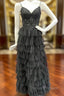 Black Tulle Spaghetti Straps Appliques Prom Dress