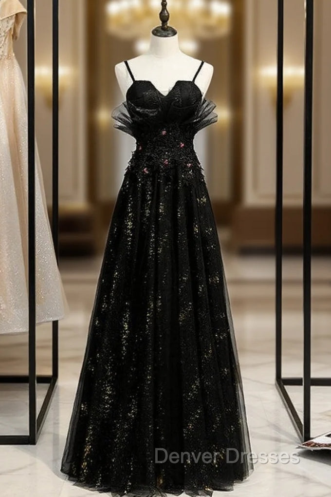 Black Tulle Spaghetti Straps Appliques Prom Dress Main image