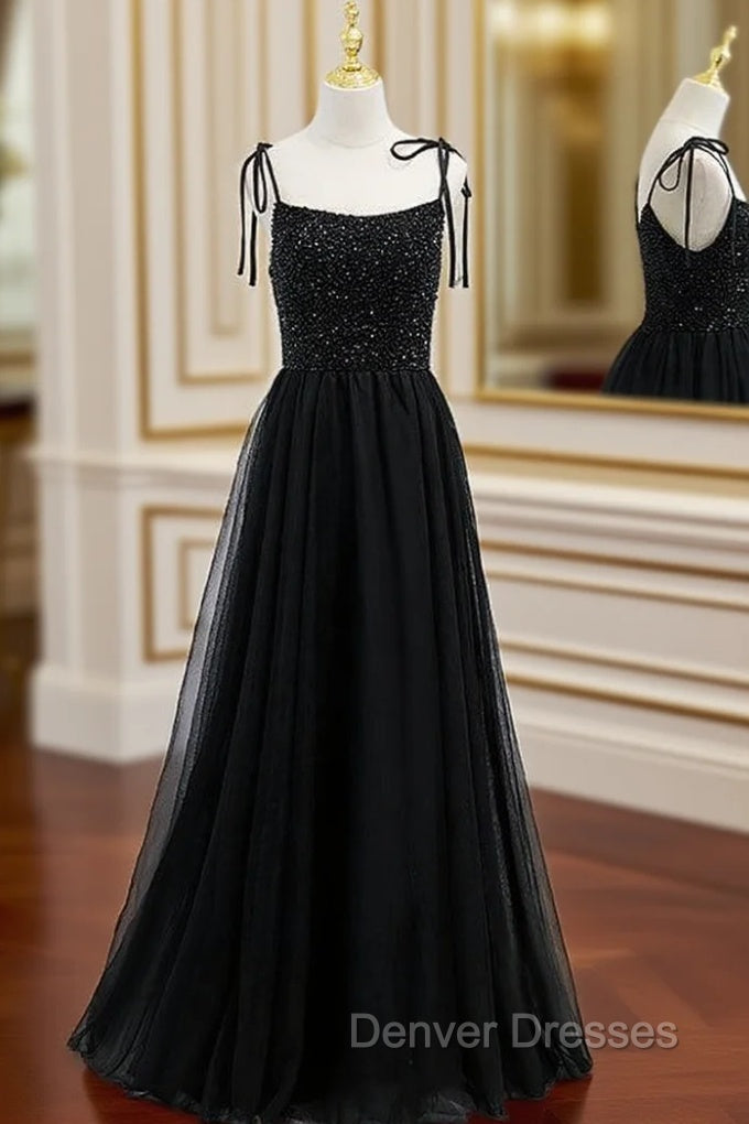 Black Tulle Spaghetti Straps Beading Prom Dress