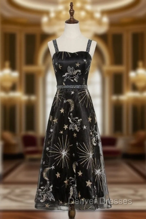 Black Tulle Spaghetti Straps Embroidery Tea Length Prom Dress Main image