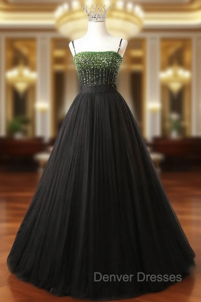 Black Tulle Spaghetti Straps Green Beading Prom Dress
