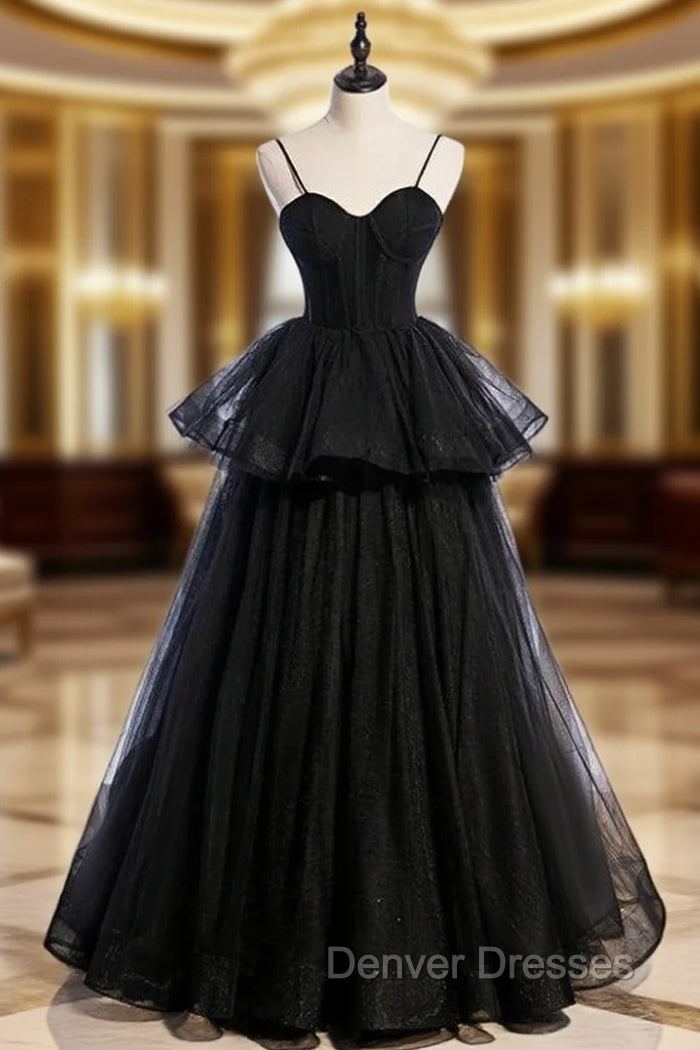 Black Tulle Spaghetti Straps Long Prom Dress