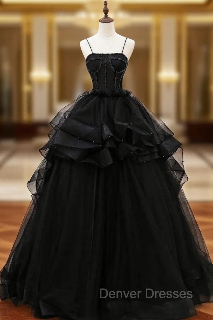 Black Tulle Spaghetti Straps Prom Dress