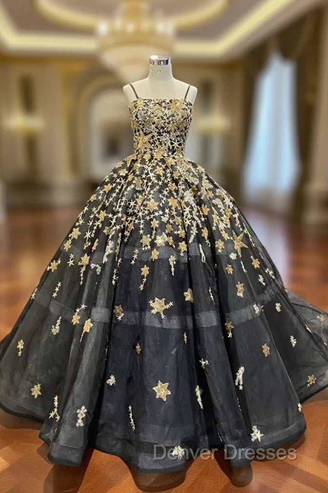 Black Tulle Spaghetti Straps Sequins Prom Dress