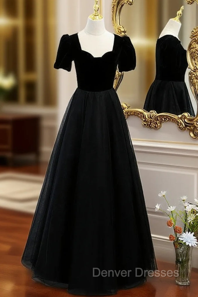 Black Tulle Square Short Sleeve Square Prom Dress Main image