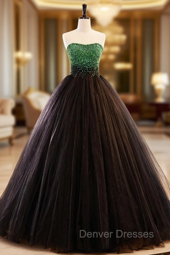 Black Tulle Strapless Green Beading Prom Dress