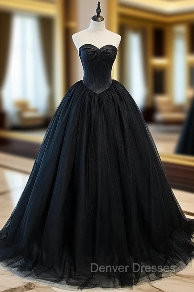 Black Tulle Strapless Pleats Prom Dress