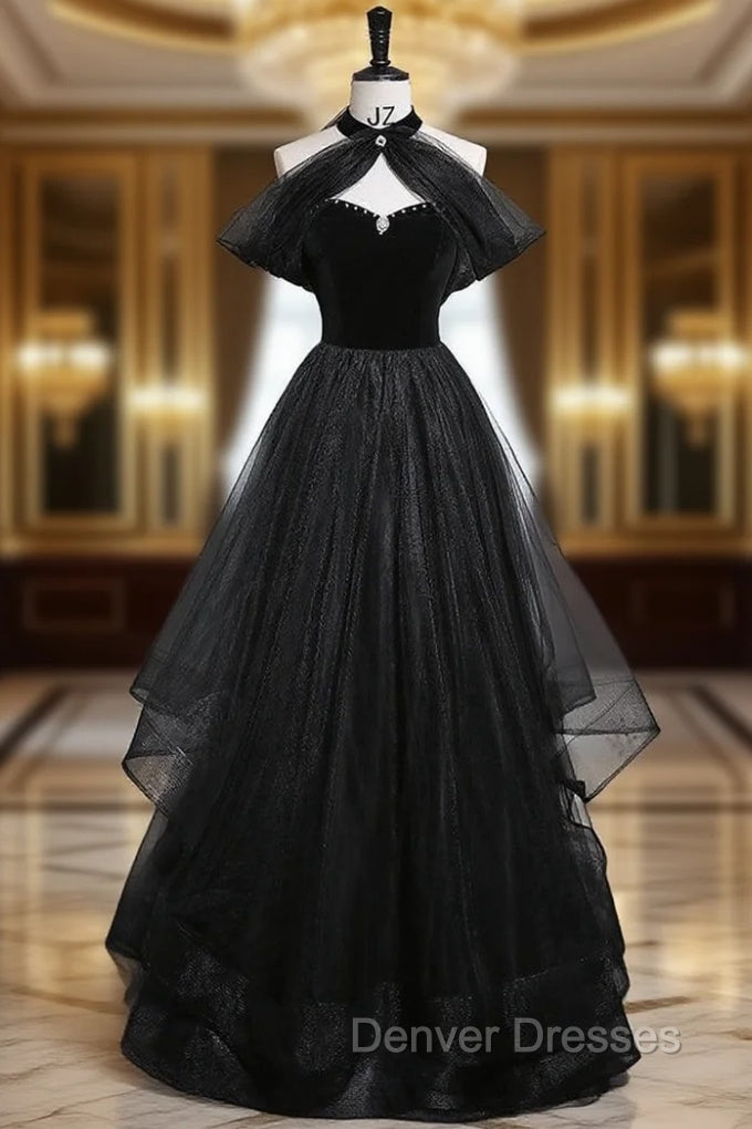 Black Tulle Strapless Prom Dress Detachable Neck Main image