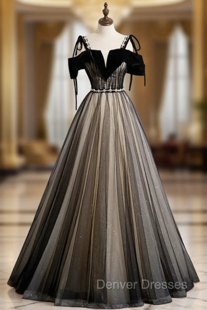 Black Tulle Straps Pleats Beading Prom Dress