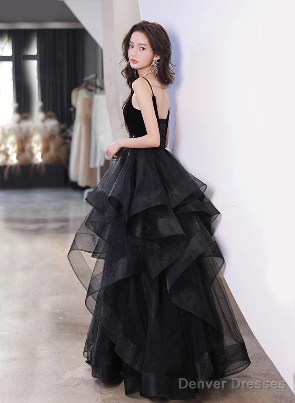 Black Tulle Straps V-Neckline Beaded Long Formal Dress, Black A-Line Prom Dress