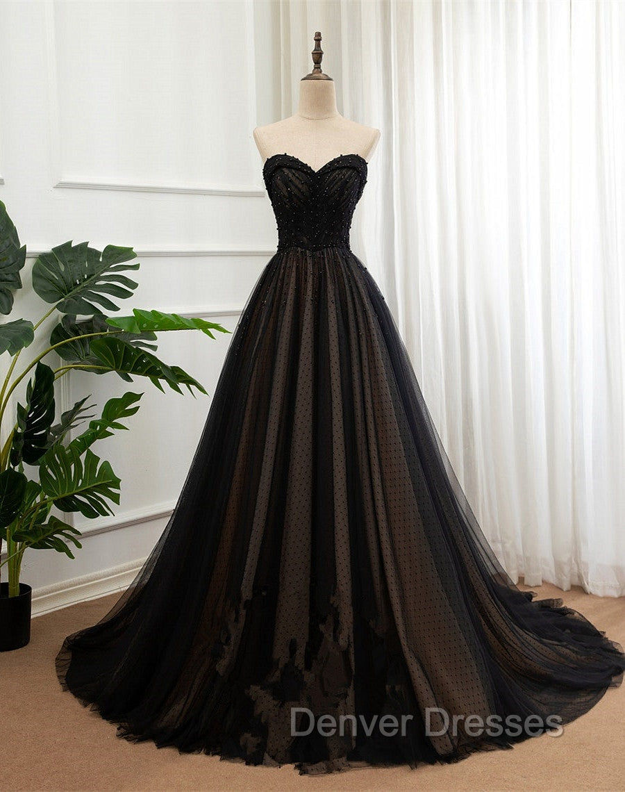 Black Tulle Sweetheart A-line Formal Dress with Lace, Black Long Prom Dress Secondary image