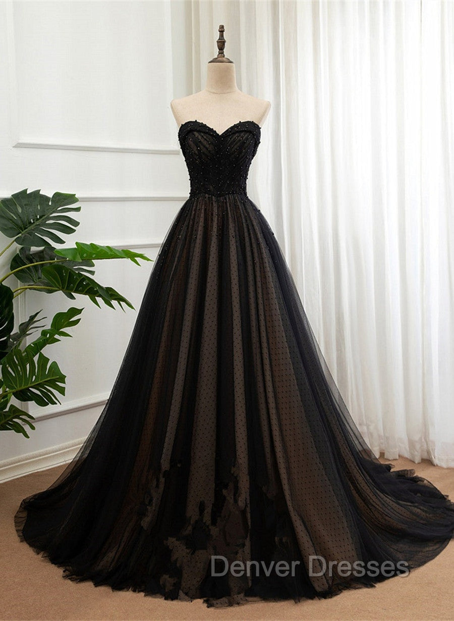 Black Tulle Sweetheart A-line Formal Dress with Lace, Black Long Prom Dress Main image