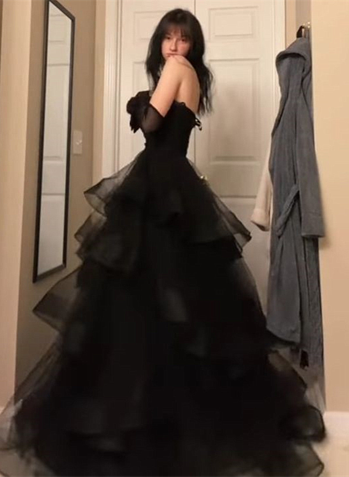 Black Tulle Sweetheart Layers Long Party Dress, Black Tulle Long Prom Dress Main image