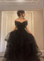 Black Tulle Sweetheart Off Shoulder Long Party Dress, A-Line Black Prom Dress