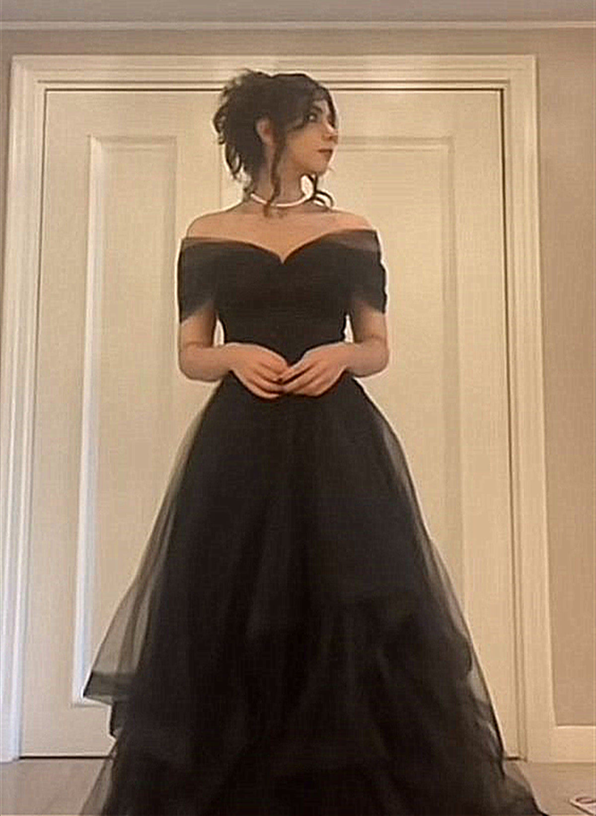 Black Tulle Sweetheart Off Shoulder Long Party Dress, A-Line Black Prom Dress