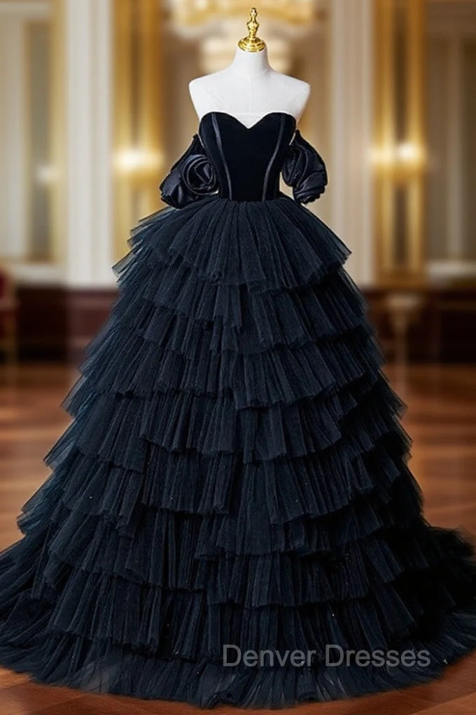 Black Tulle Tiers Sweetheart Prom Dress