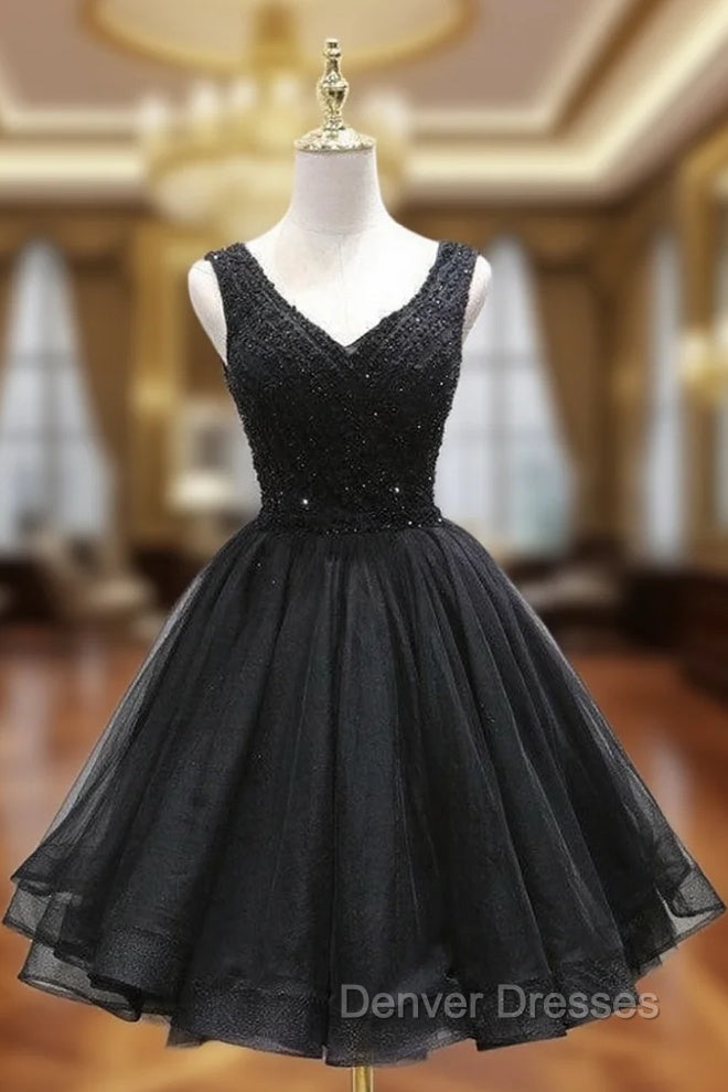 Black Tulle V Back Beaded Knee Length Homecoming Dress, Black Short Party Dress Main image