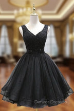 Black Tulle V Back Beaded Knee Length Homecoming Dress, Black Short Party Dress
