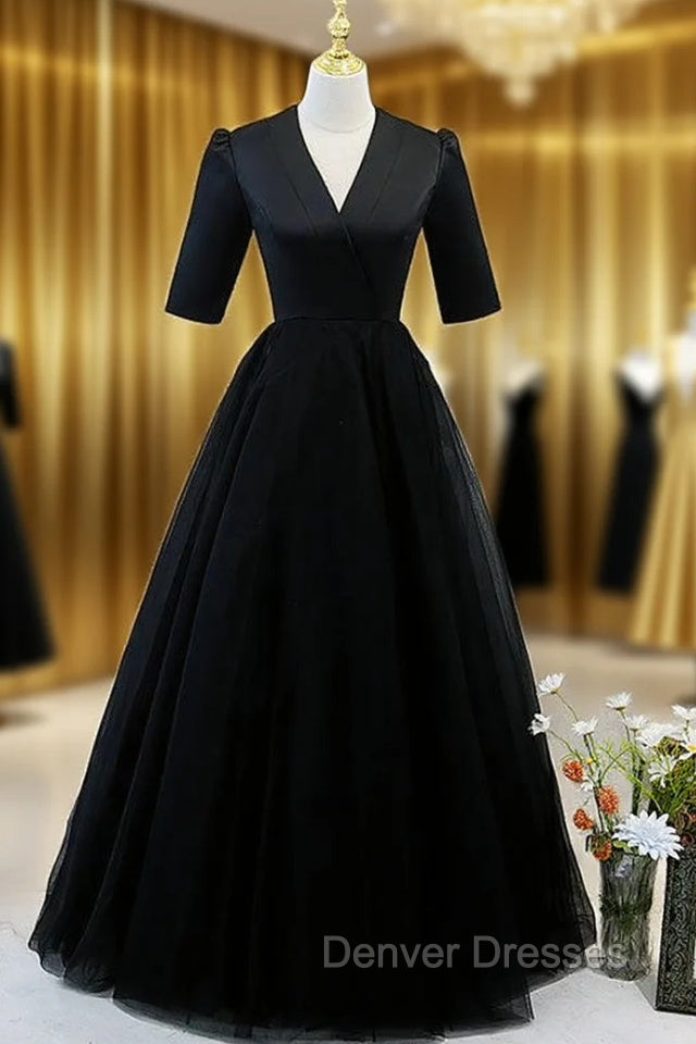 Black Tulle V-neck Short Sleeve Prom Dress