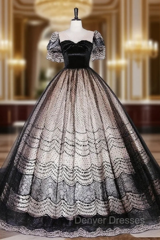 Black Tulle V-neck Short Sleeve Quinceanera Dress