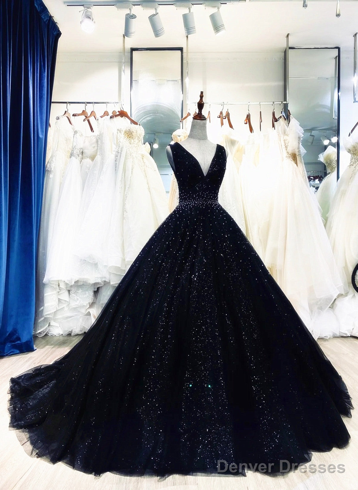Black Tulle V-Neckline Beaded Long Evening Dress, Black Tulle Formal Dress Main image