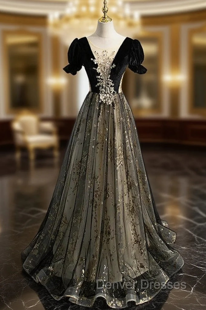 Black Tulle Velvet Backless Short Sleeve Prom Dress Main image