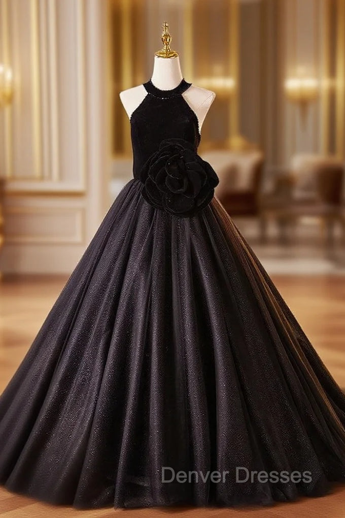 Black Tulle Velvet Halter Flower Prom Dress Main image