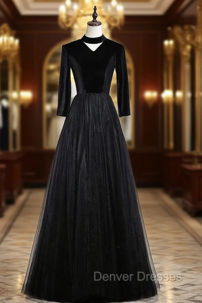 Black Tulle Velvet High Neck Long Sleeve Prom Dress Main image