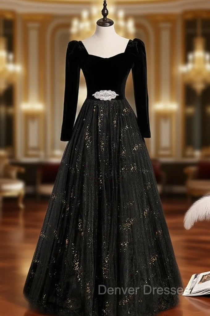 Black Tulle Velvet Long Sleeve Prom Dress Main image