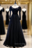 Black Tulle Velvet Long Sleeve Square Prom Dress