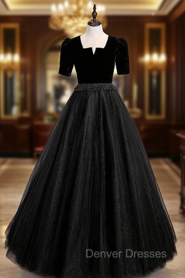 Black Tulle Velvet Short Sleeve Beading Prom Dress Main image