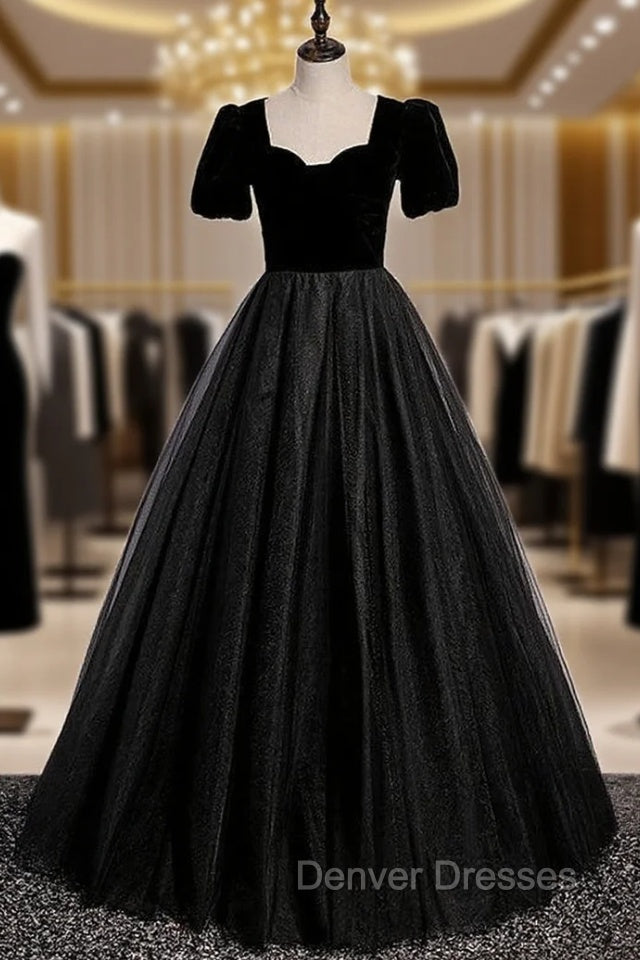 Black Tulle Velvet Short Sleeve Prom Dress Main image
