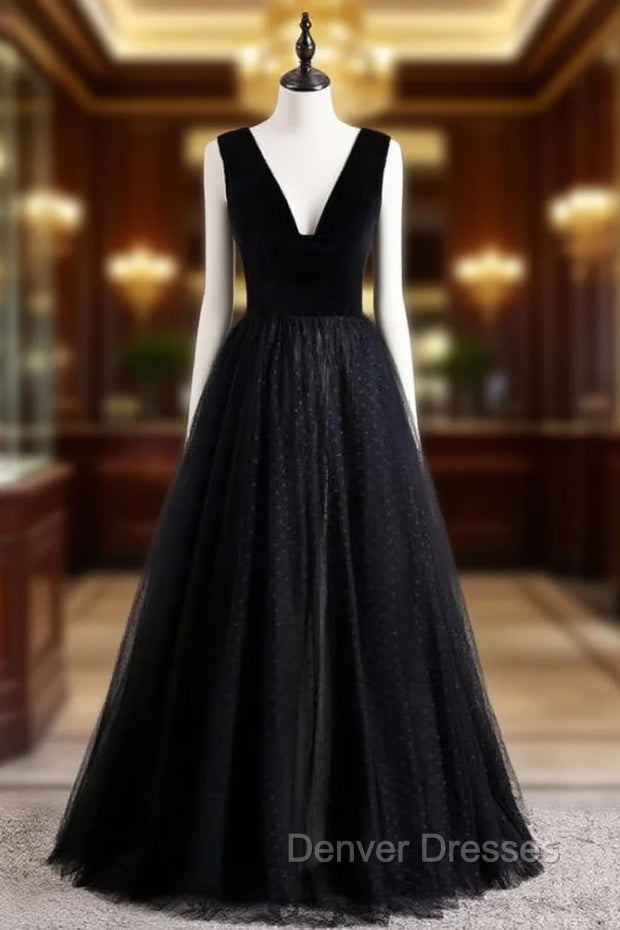 Black Tulle Velvet V-neck Prom Dress