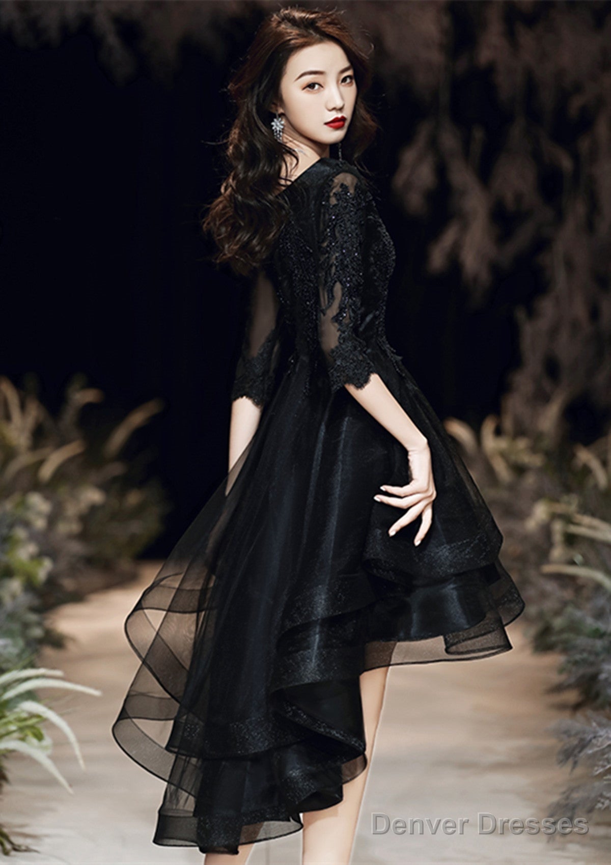 Black Tulle With Lace High Low Party Dress, Black V-Neckline Homecoming Dress Secondary image