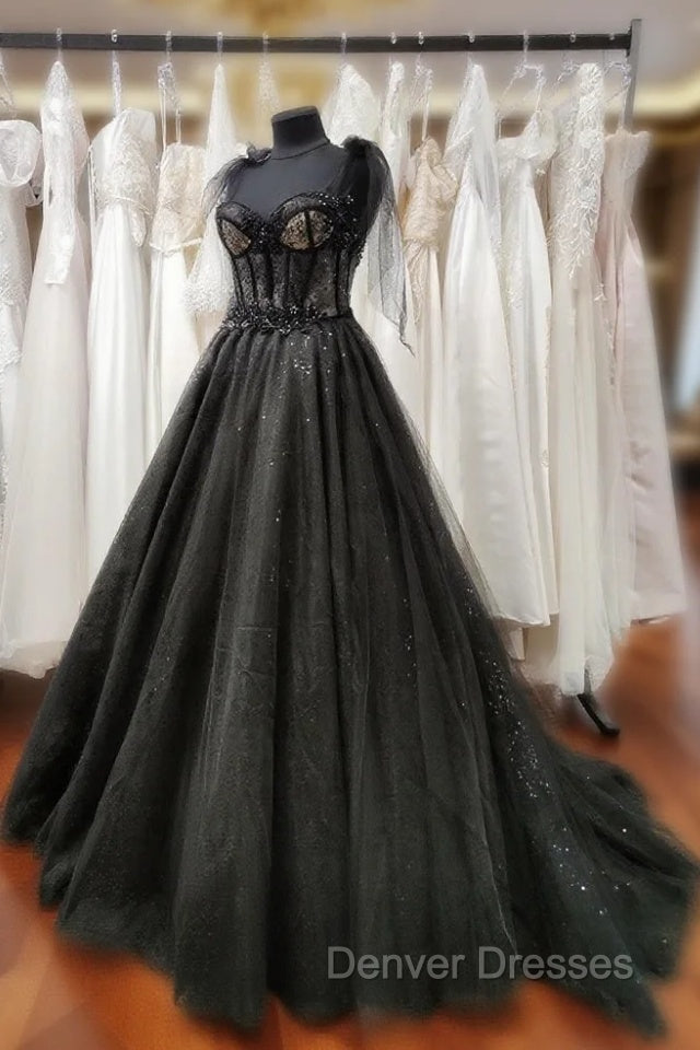 Black Tulle with Lace Straps Long Formal Dress, Black Long Evening Dress Prom Dress Main image