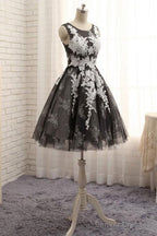 Black Tulle With White Lace Round Neckline Knee Length Homecoming Dresses, Cute Party Dresses