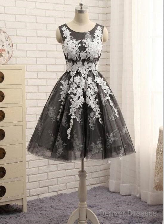 Black Tulle With White Lace Round Neckline Knee Length Homecoming Dresses, Cute Party Dresses