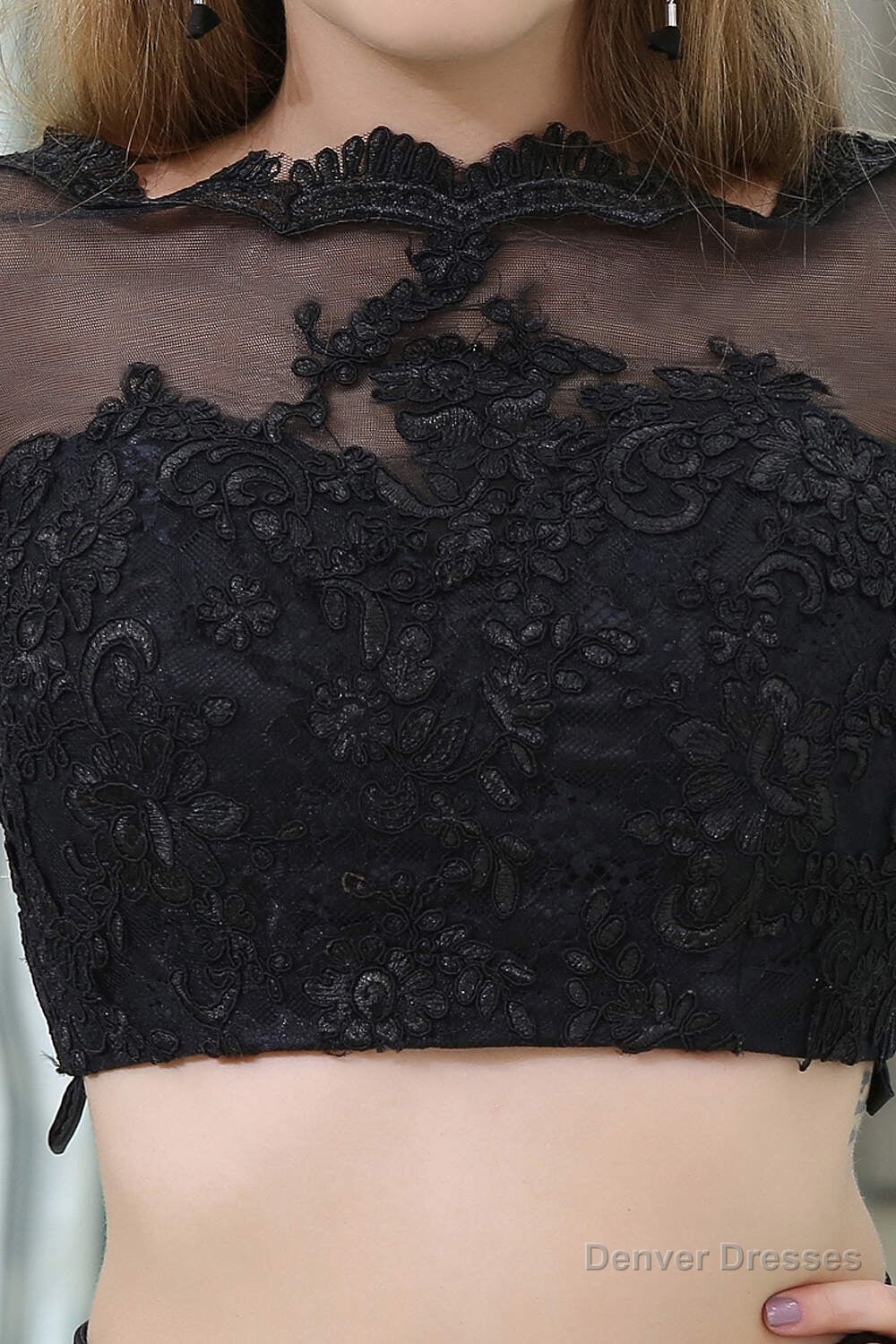 Black Two Piece Long Sleeve Floor Length Satin Prom Dresses with Lace