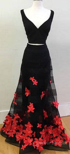 Black Two Pieces Applique Long Prom Dress, Black Evening Dress