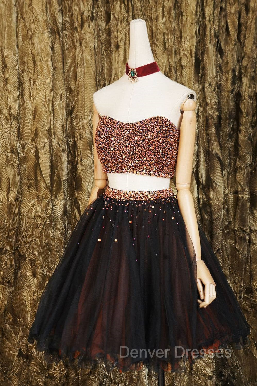 Black Two Pieces Beads Tulle Short Prom Dress Black Homecoming Dress