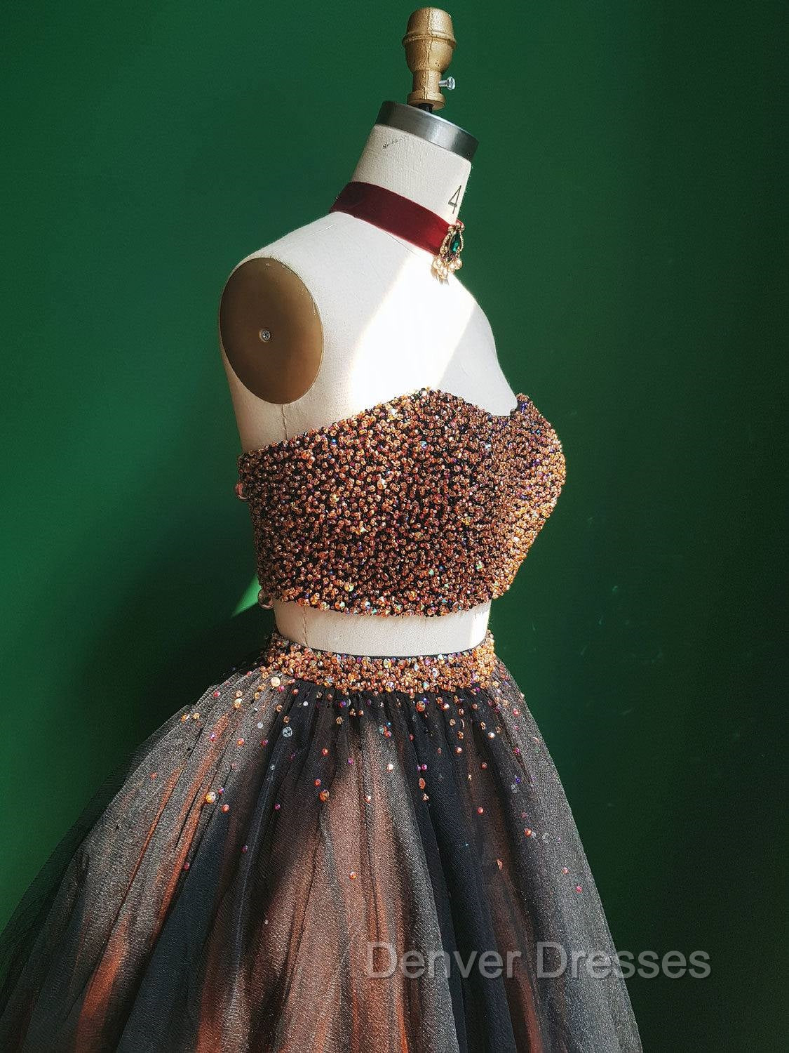 Black Two Pieces Beads Tulle Short Prom Dress Black Homecoming Dress