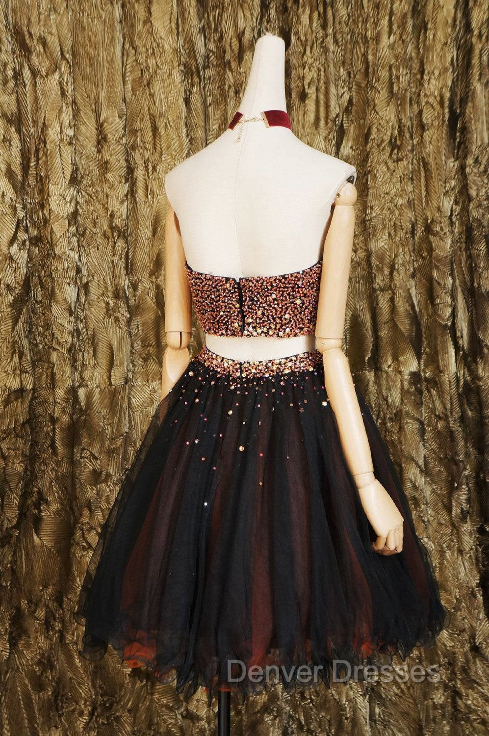 Black Two Pieces Beads Tulle Short Prom Dress Black Homecoming Dress