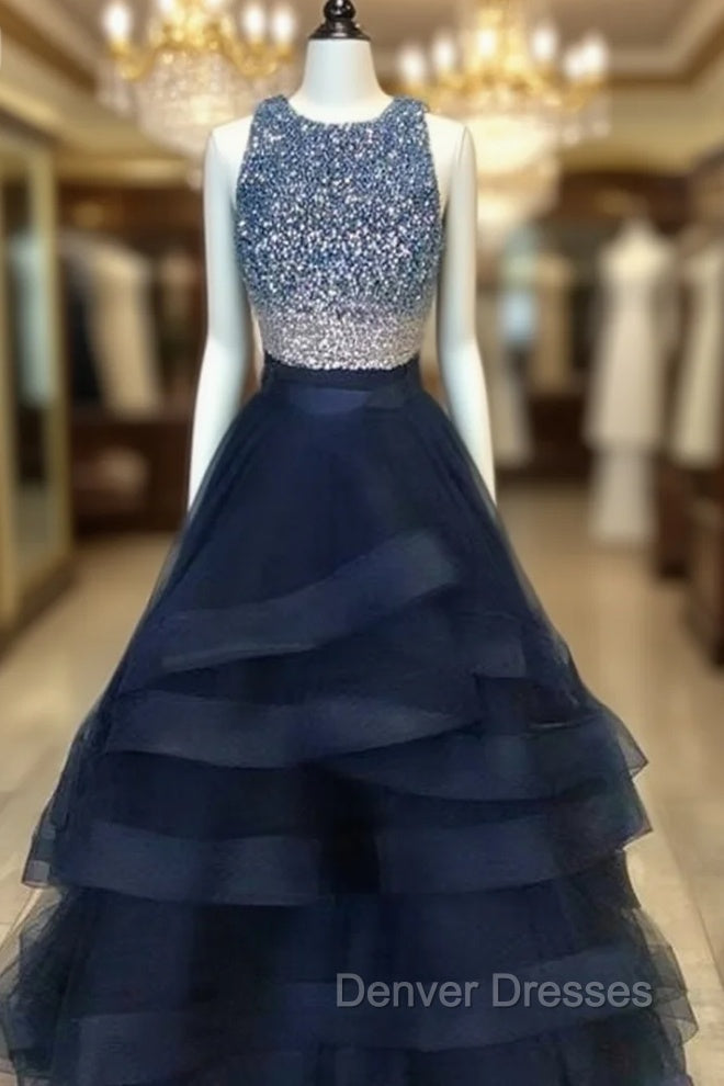 Black Two Pieces Sequin Long Prom Dress, Black Evening Dress