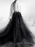 Black V Neck Backless Lace Prom Dress, Open Back Black Lace Formal Graduation Dress