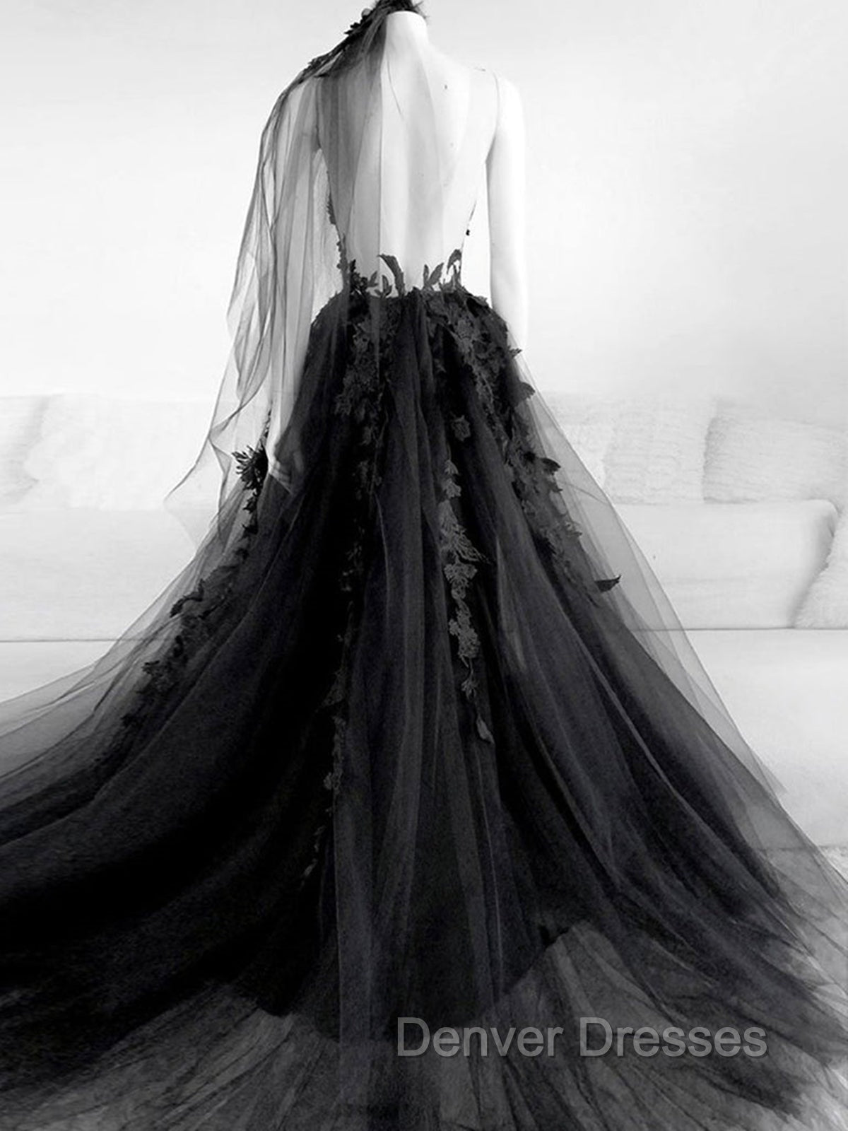 Black V Neck Backless Lace Prom Dress, Open Back Black Lace Formal Graduation Dress