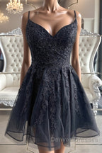 Black V Neck Backless Lace Short Prom Dress, Backless Black Lace Homecoming Dress, Black Lace Formal Evening Dress